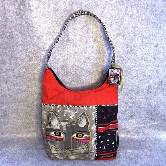 Laurel Burch Whiskered Cat Purse, Shoulder Bag HOBO, Red Gray Black, Cat Lover - Picture 2 of 12